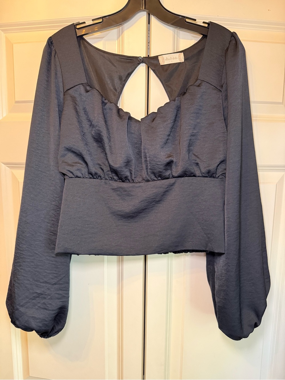 Altar'd State Black Satin Long Puff-Sleeve Crop Blouse with Keyhole Back
